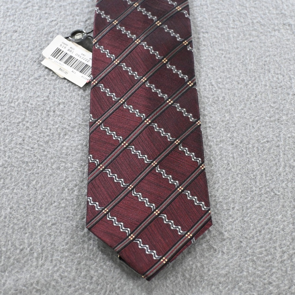 Daniel De Fasson Mens Silk Geometric Wavy Stripe Necktie OS Burgundy Silver